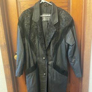 VINTAGE Winlit embossed paisley black leather longline trench coat size large